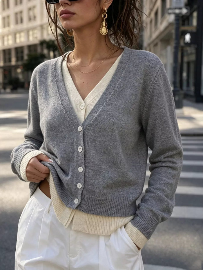 V-Neck Button-Down Contrast Layered Cardigan in Gray