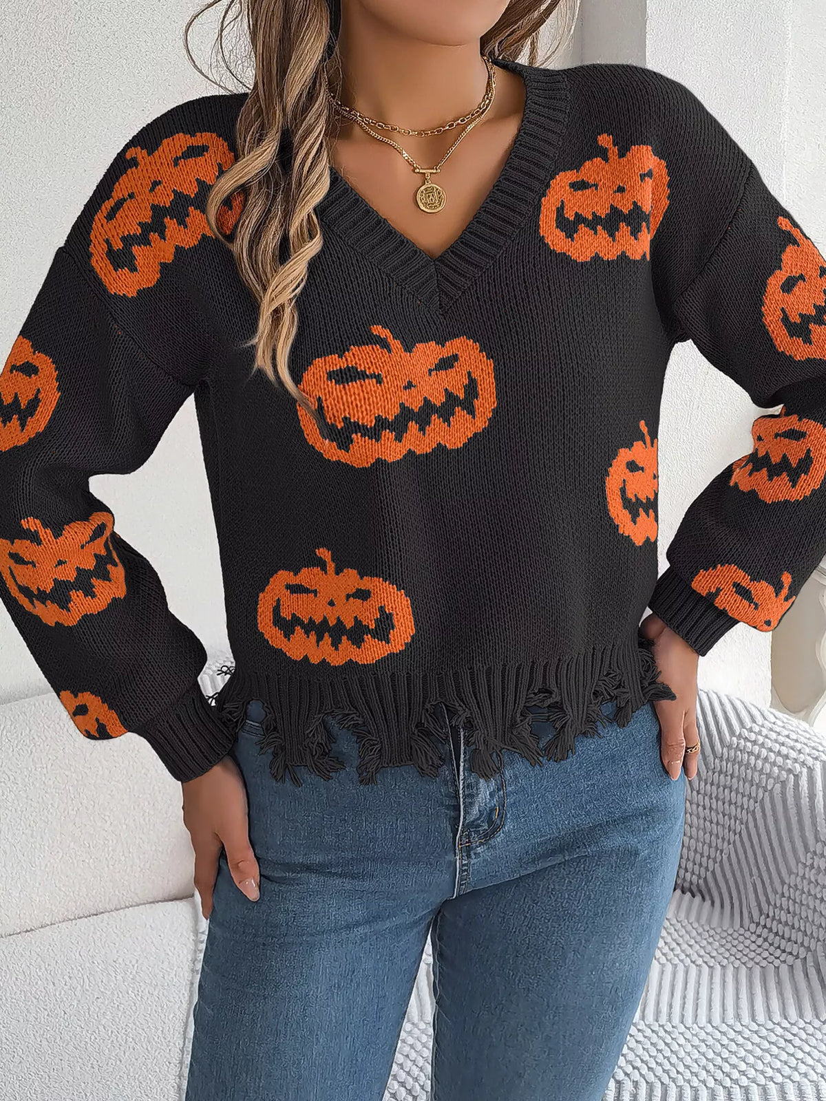 Pumpkin Distressed Hem Sweater