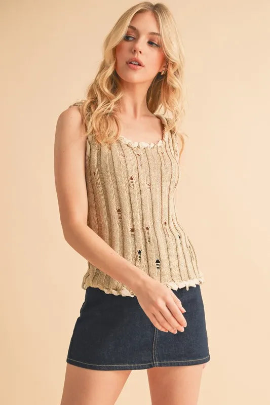 Aemi+Co Distressed Detail Round Neck Knit Tank in Khaki, view 8