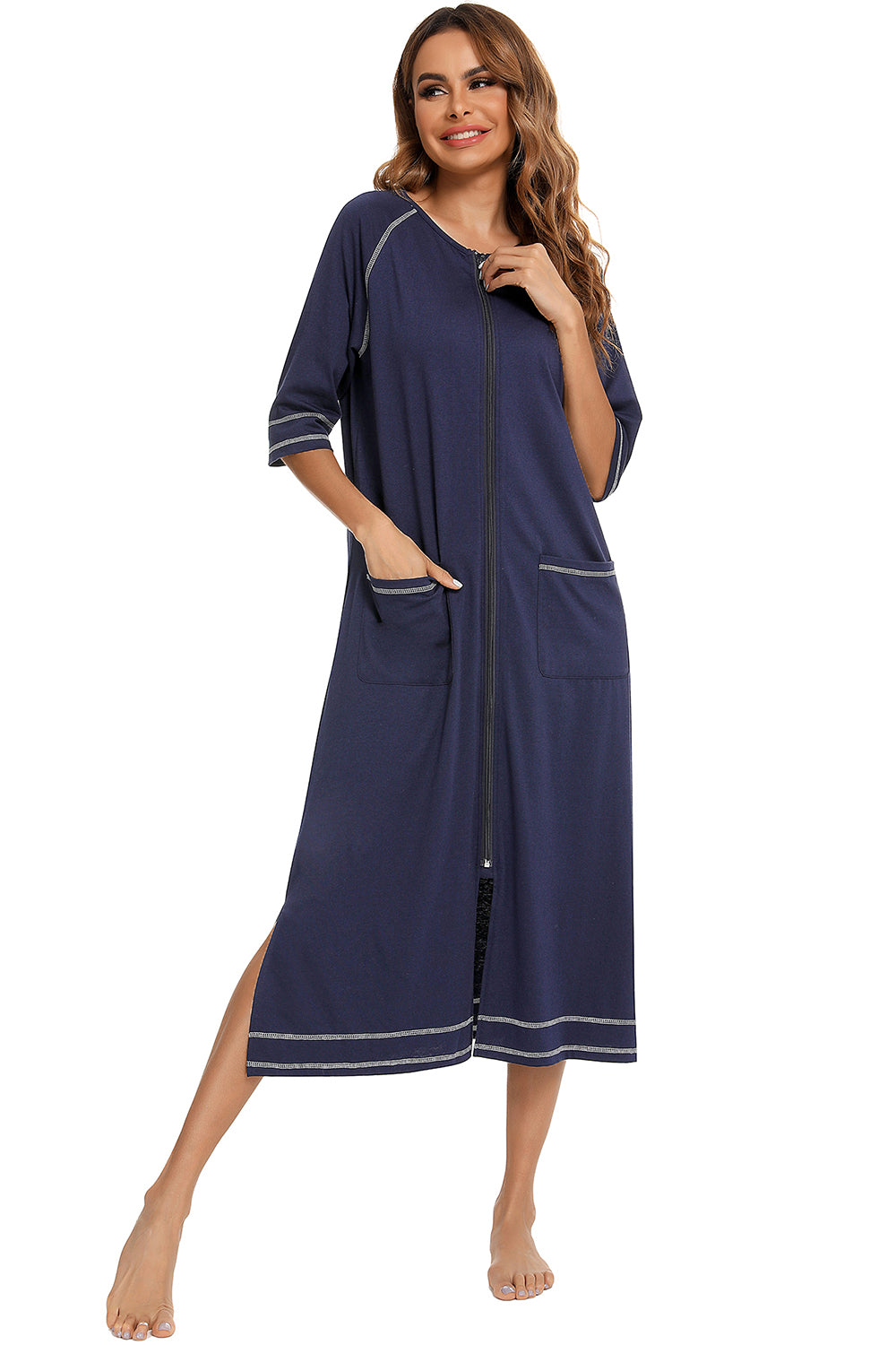 Zip Up Slit Round Neck Night Dress with Pockets - Lilixa.store