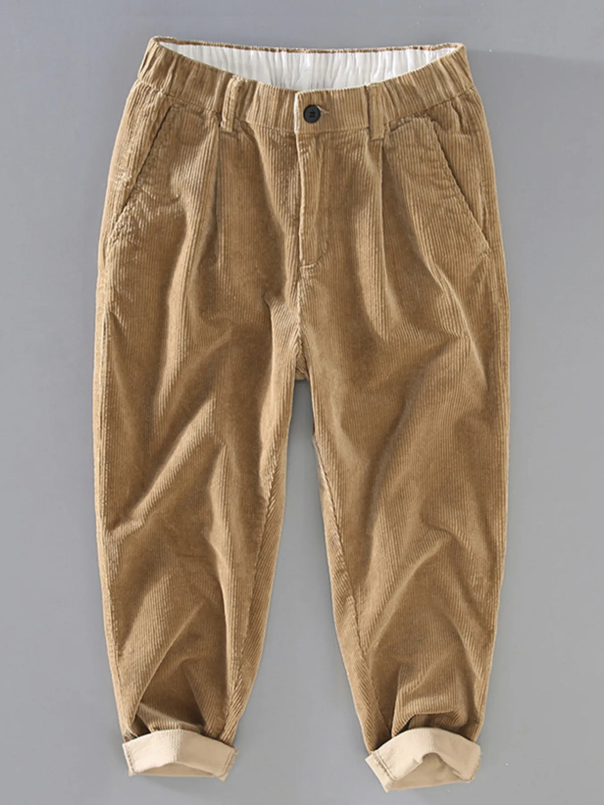 Men's Plus Size Corduroy Pleated Casual Pants in Khaki