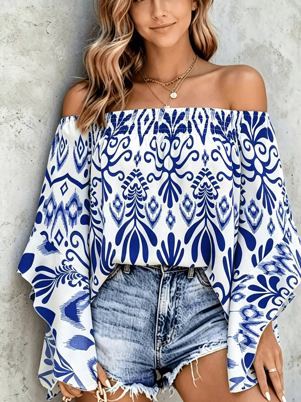 Printed Off Shoulder Blouse in Blue