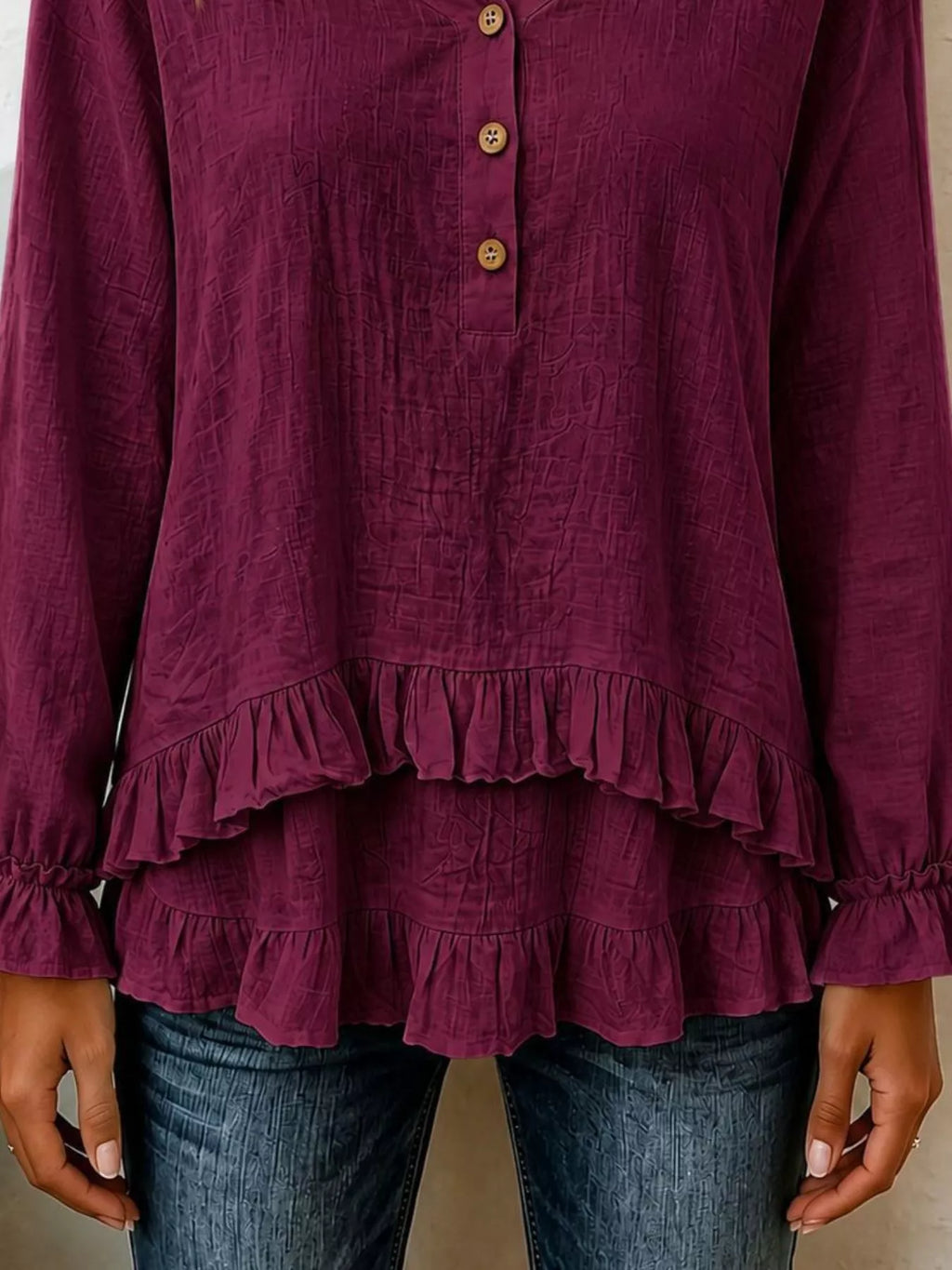 V-Neck Long Sleeve Button Detail Ruffled Hem Blouse - Lilixa.store