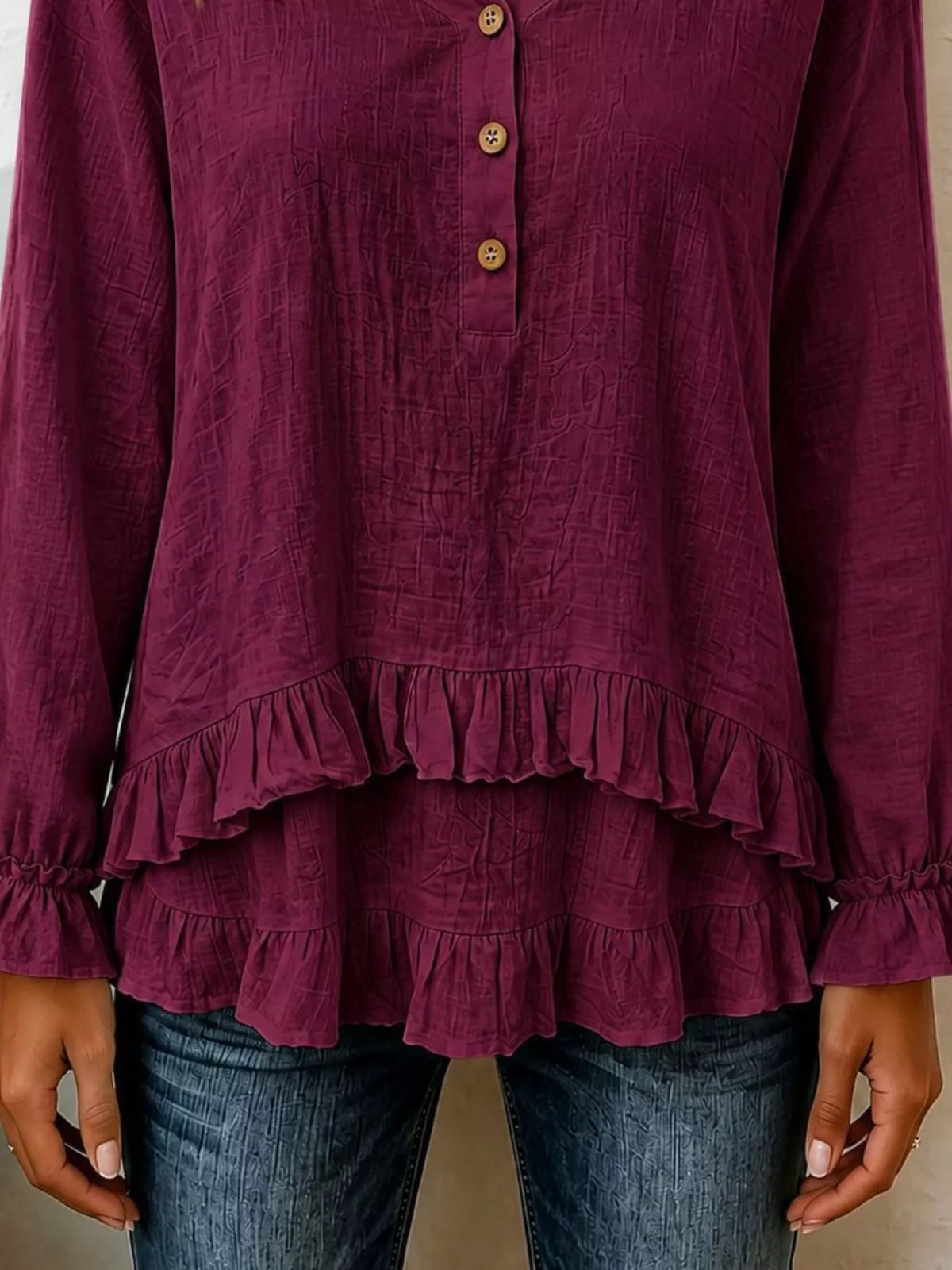 V-Neck Long Sleeve Button Detail Ruffled Hem Blouse - Lilixa.store