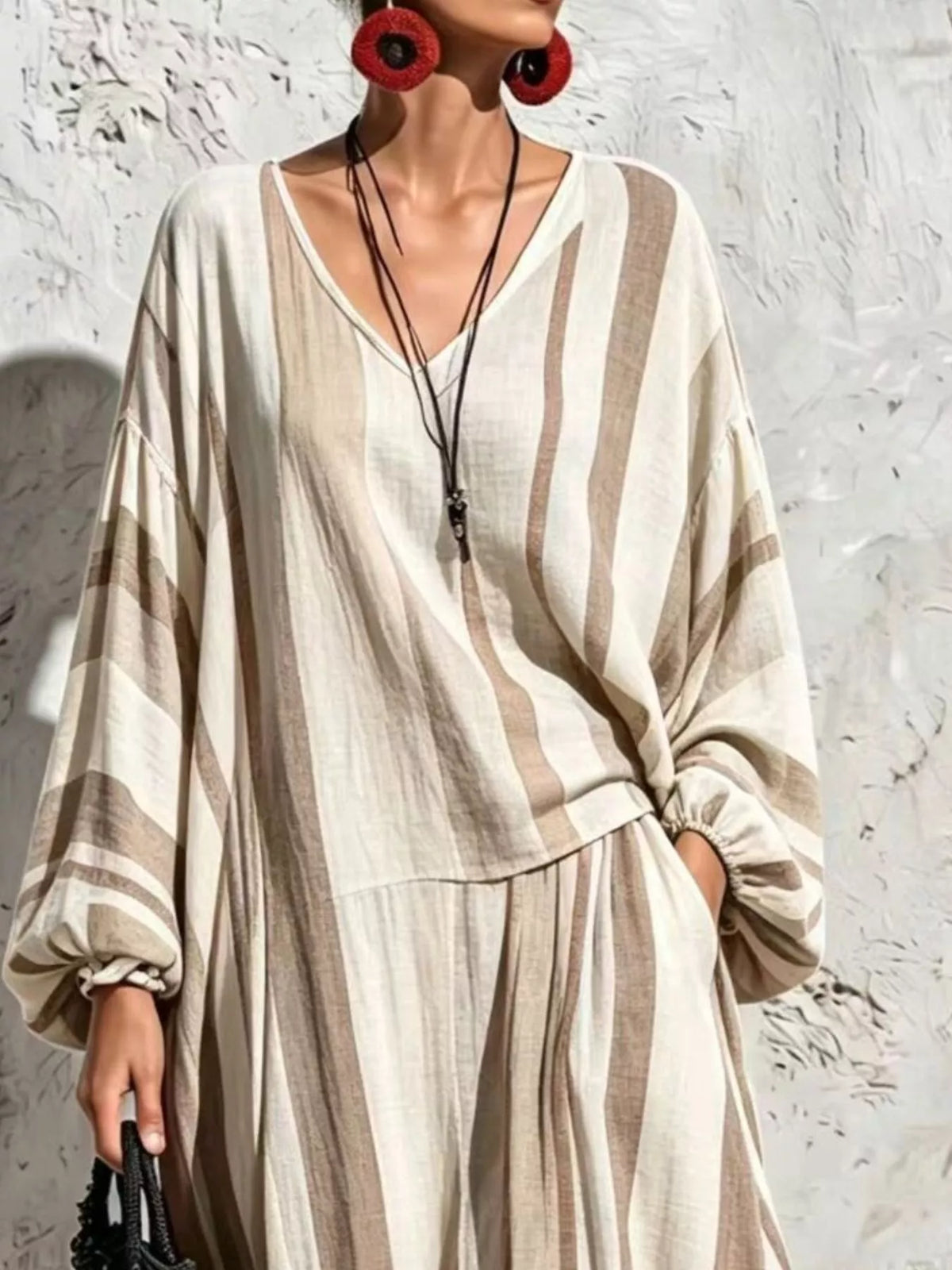 Bohemian Striped V-Neck Loose Top and Wide Leg Pants Set in Beige