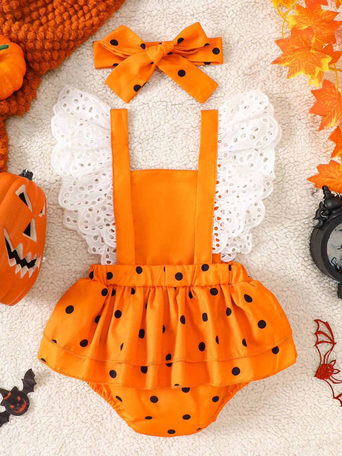 Children's Halloween Pumpkin Polka Dot Bodysuit and Headband Set - Lilixa.store
