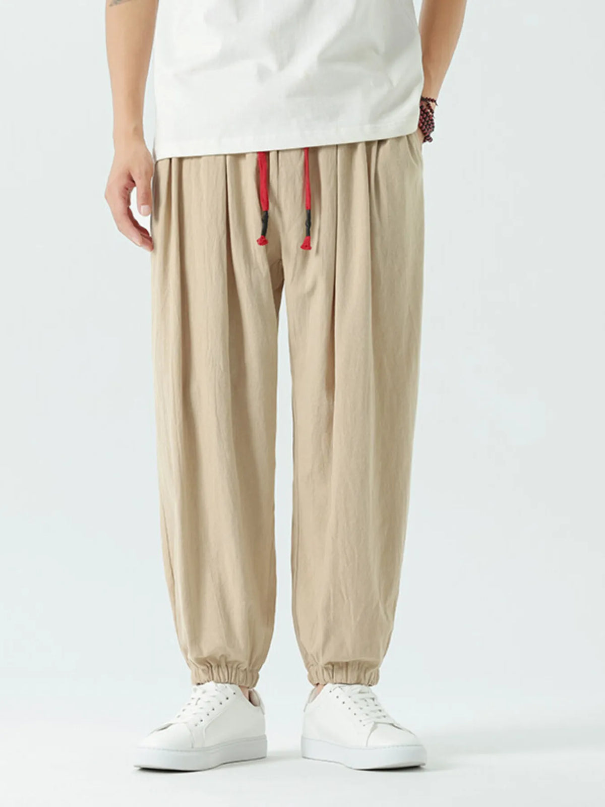 Men's Drawstring Wide Leg Relaxed Fit Pants in Khaki