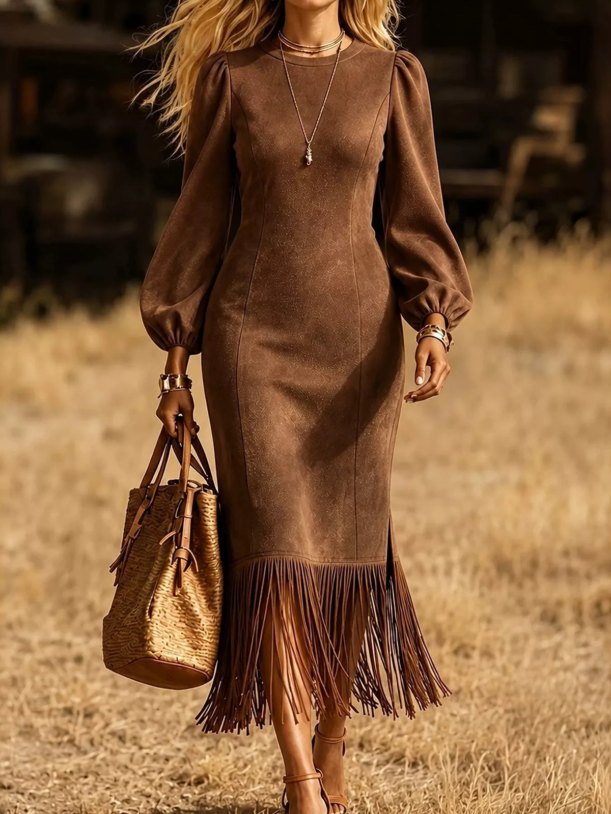 Fringe Balloon Sleeve Midi Dress