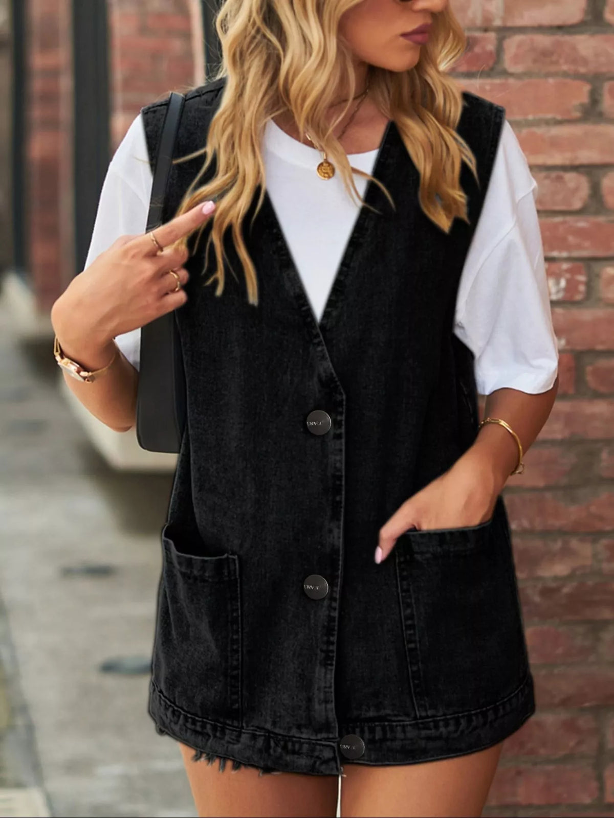 Sleeveless Button-Down Denim Jacket Vest in Black