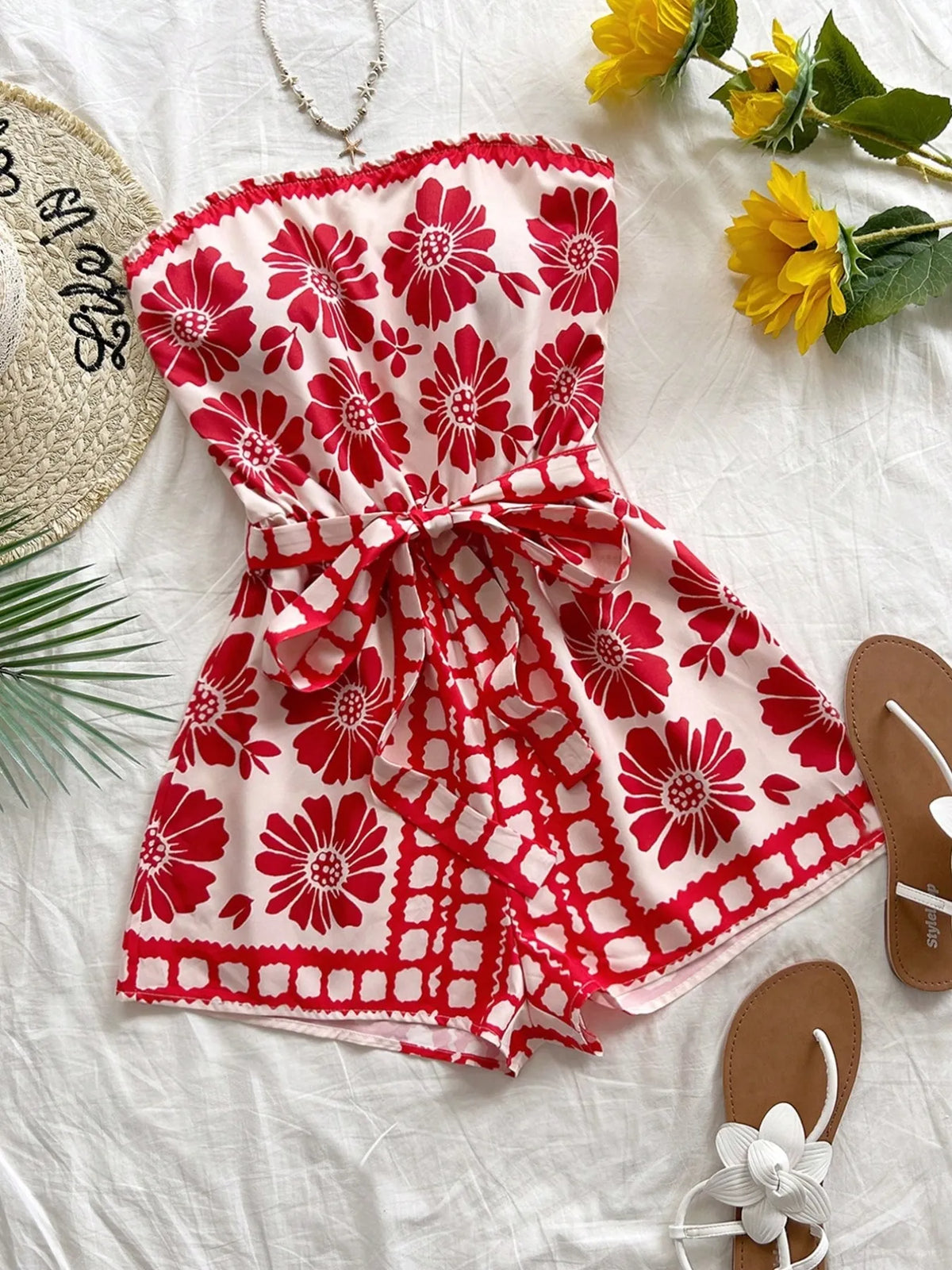 Printed Tube Tie Waist Romper - Lilixa.store