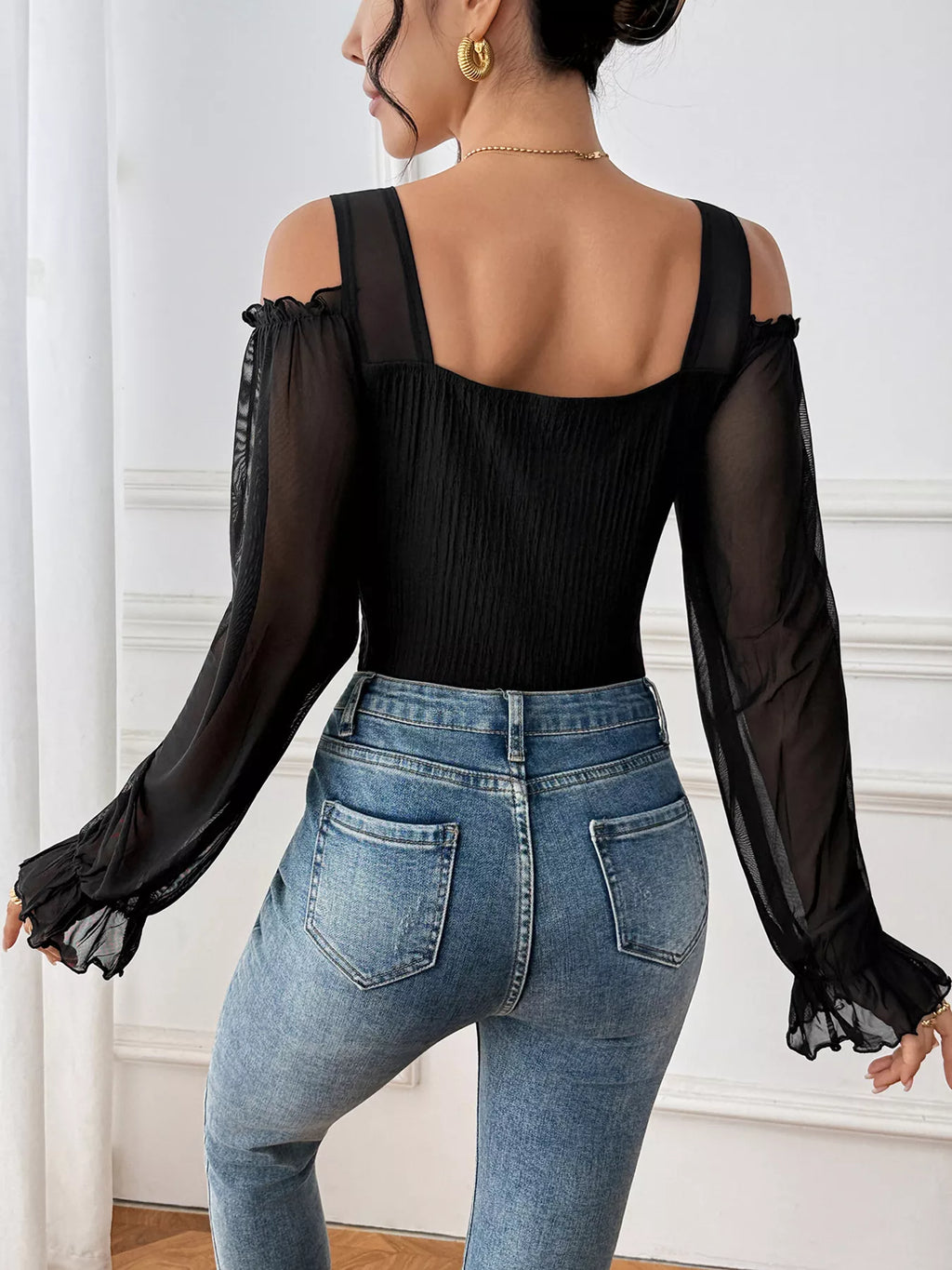 Cold Shoulder Flounce Sleeve Bodysuit - Lilixa.store