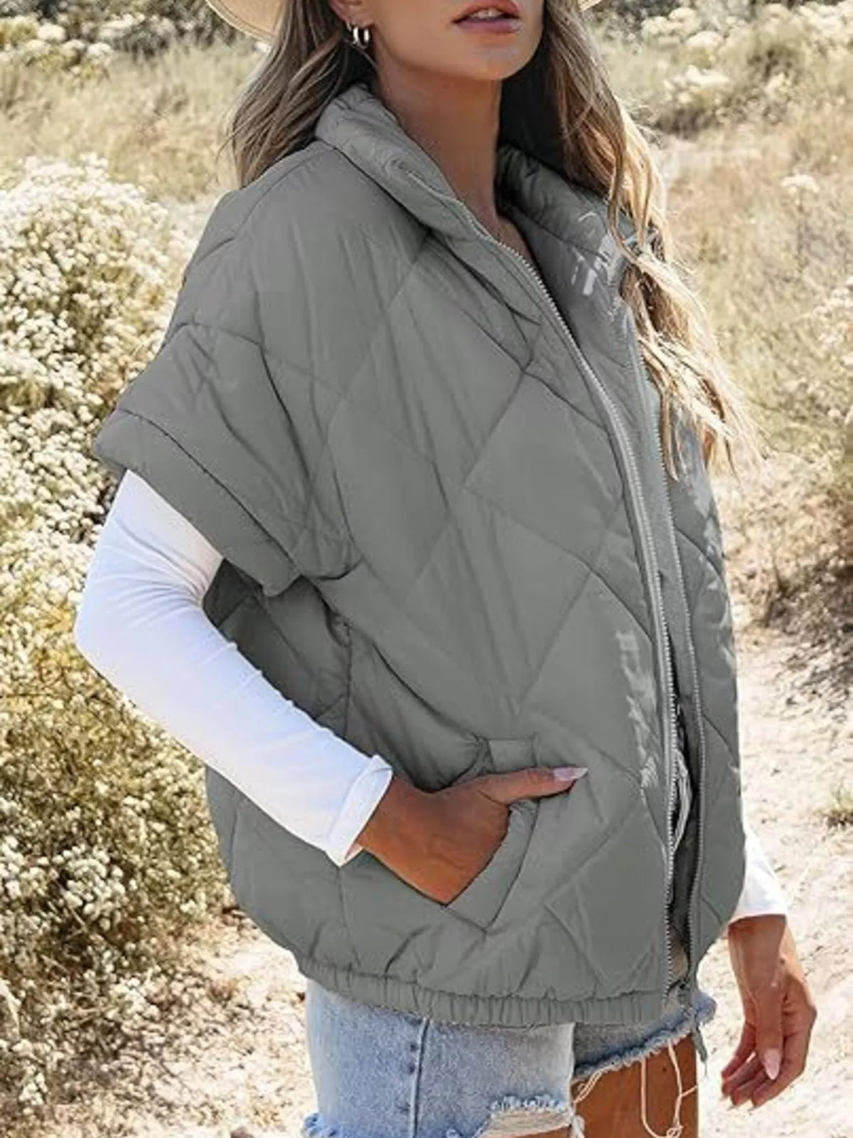 Quilted Zip Up Short Sleeve Winter Coat - Lilixa.store