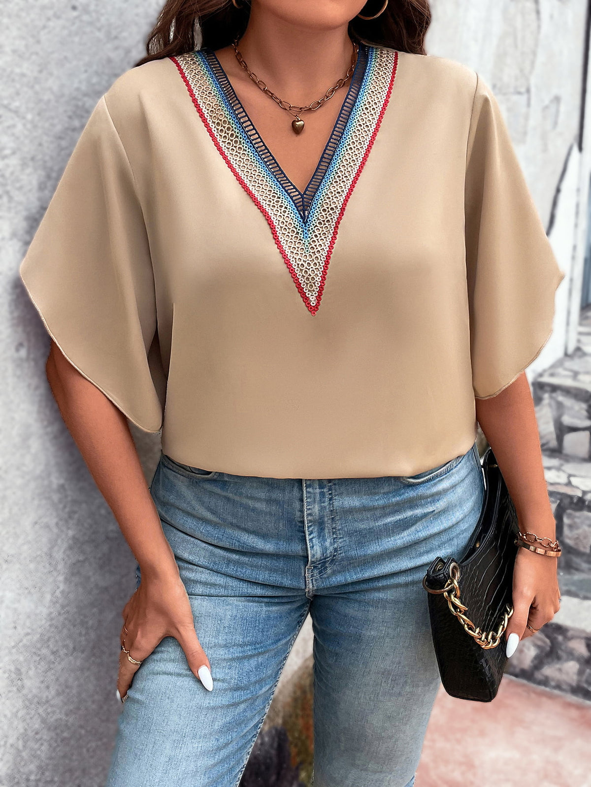 Honey Plus Size V-Neck Flutter Sleeve Blouse in Tan, view 6