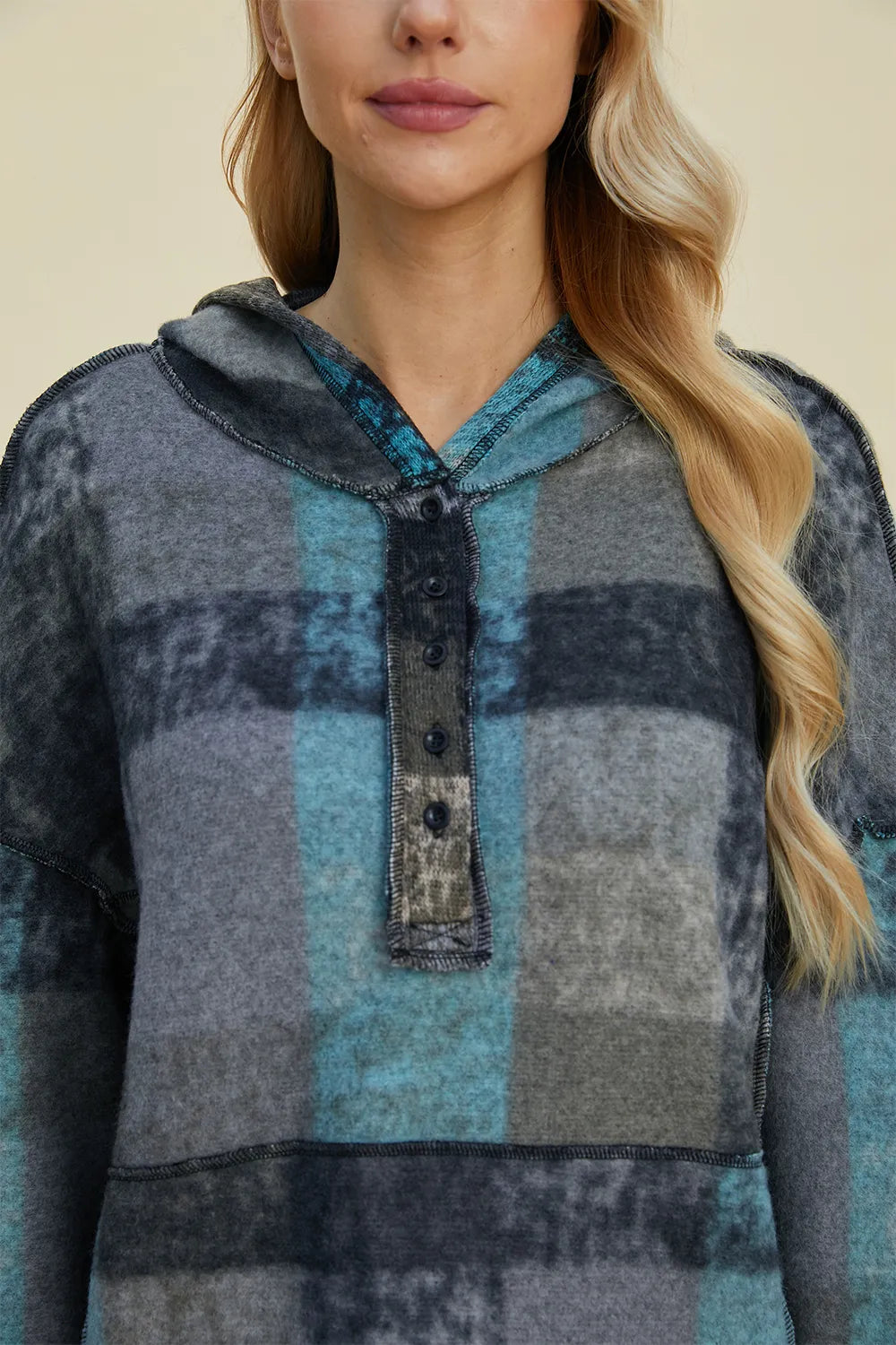 Double Take Full Size Plaid Dropped Shoulder Fleece Hoodie Plus Size - Lilixa.store