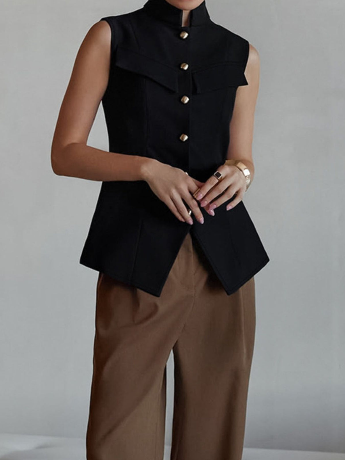 Stand Collar Button-Down Vest Coat - Lilixa.store