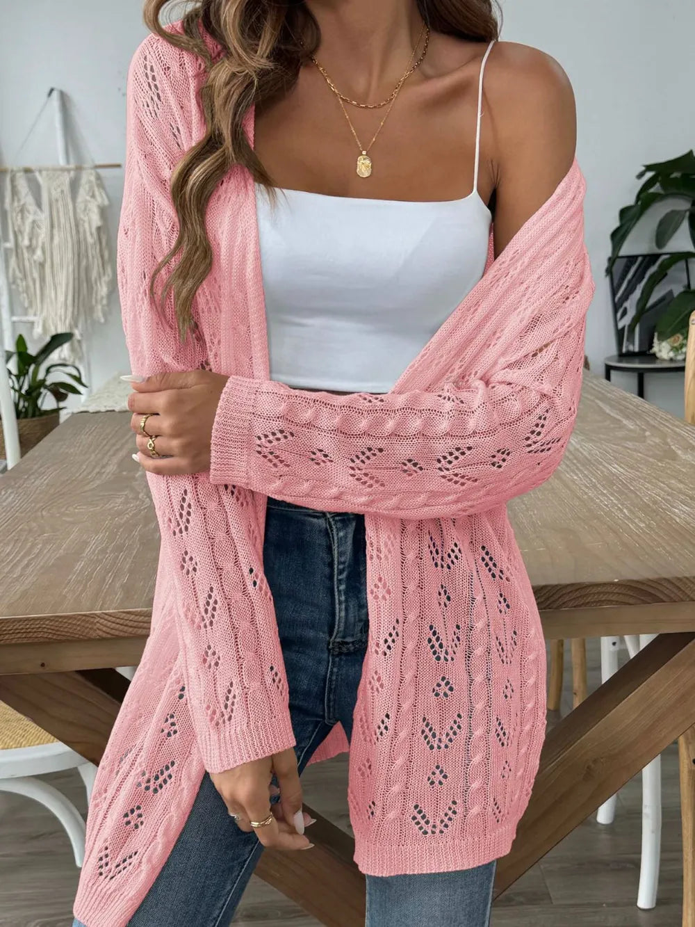 Openwork Open Front Long Sleeve Cardigan - Lilixa.store