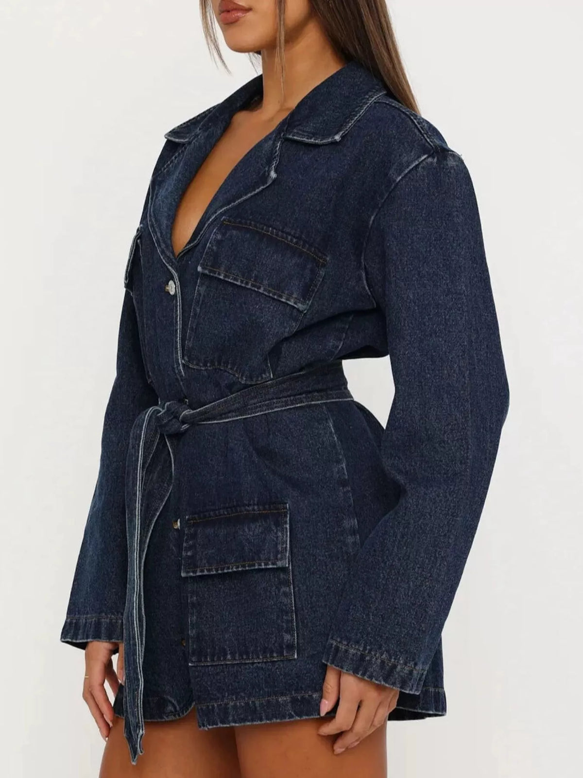 Long Sleeve Longline Denim Jacket with Belt in Dark Blue, view 3