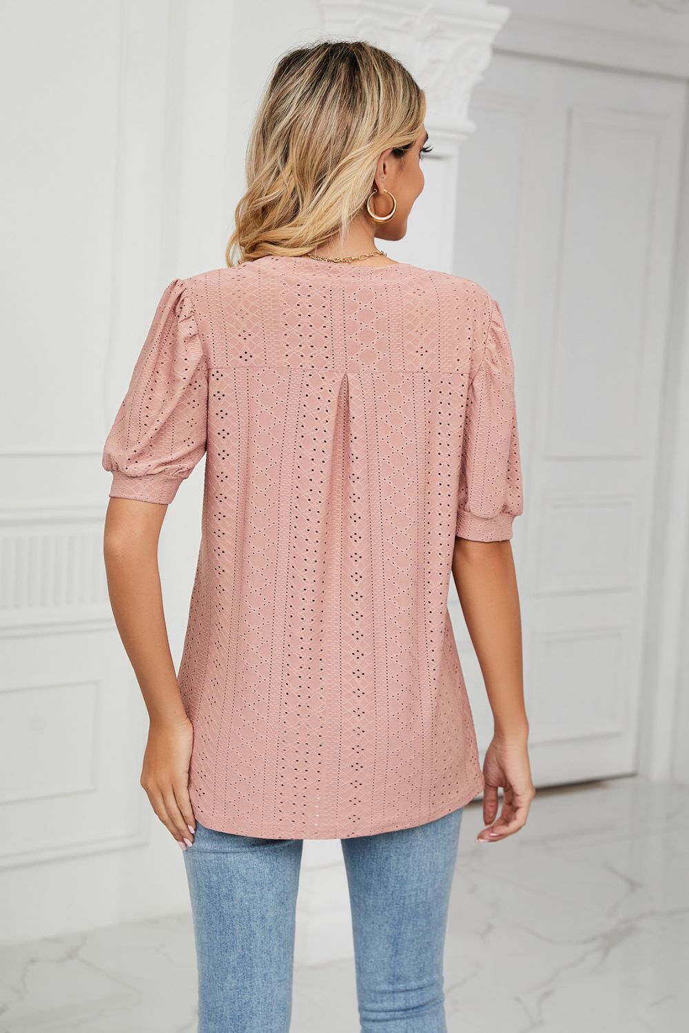 Eyelet Short Puff Sleeve Notched Neck Top, view 2