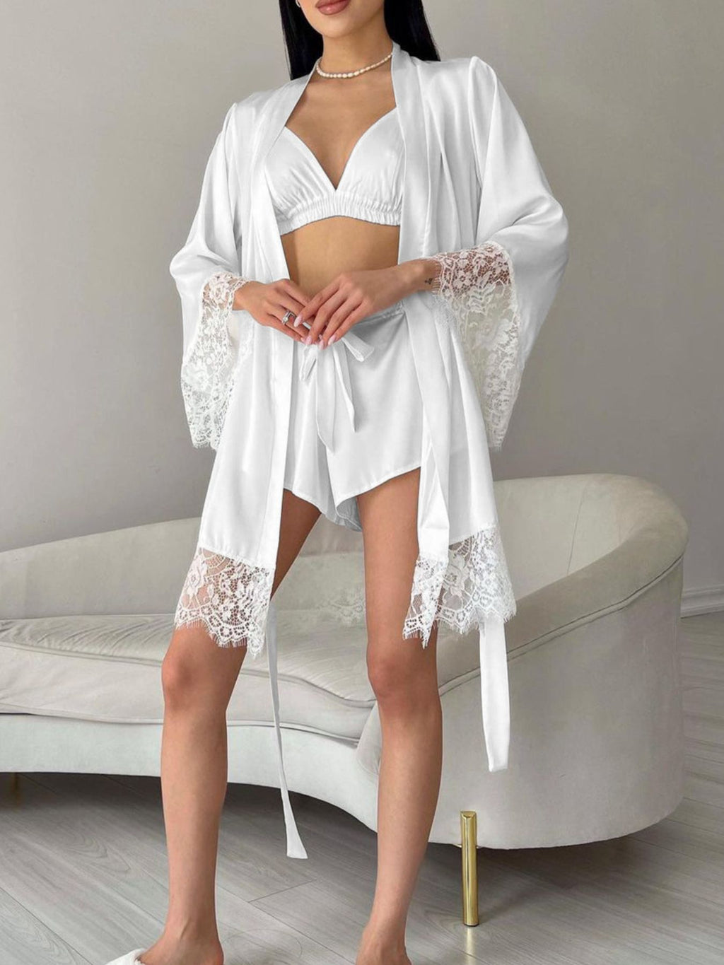 Cami & Lace Trim Cardigan & Shorts Lounge Set - Lilixa.store