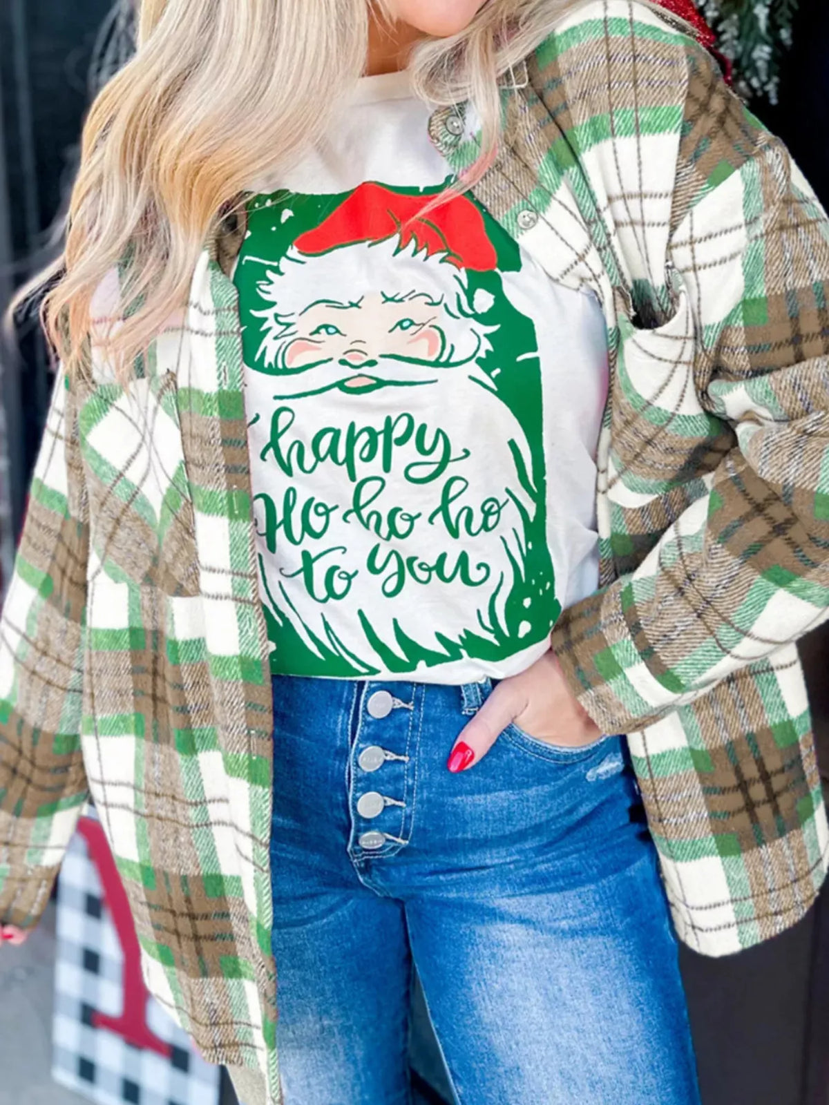 Plaid Button-Down Long Sleeve Shacket in Green