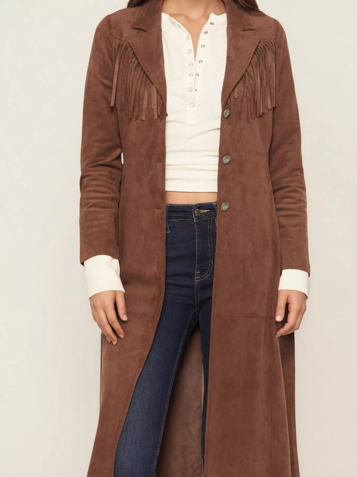 Fringe Lapel Collar Long Sleeve Coat in Brown