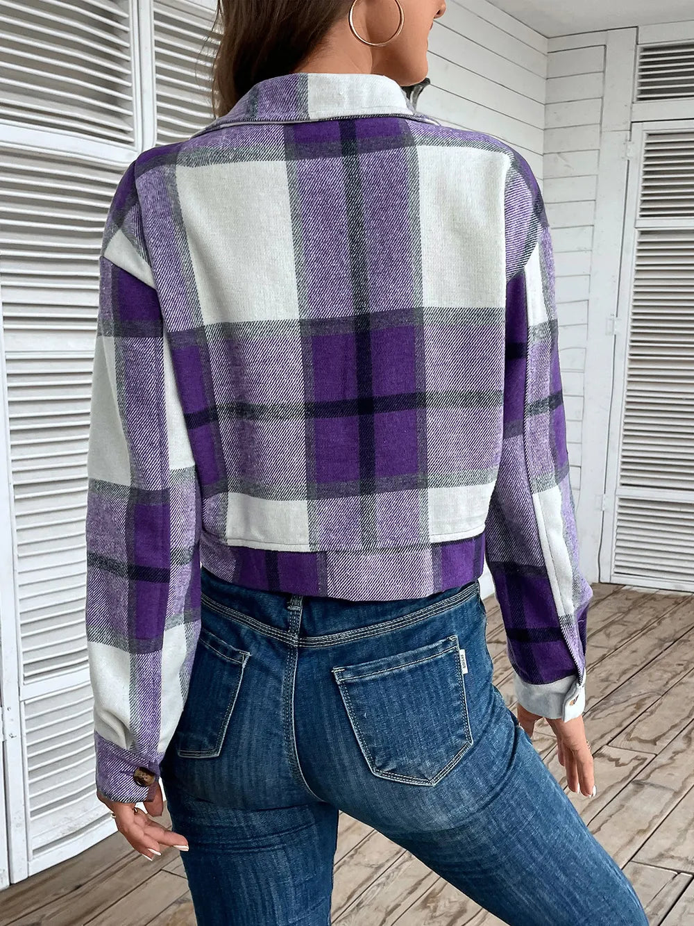 Perfee Plaid Button Up Drop Shoulder Cropped Jacket, view 20
