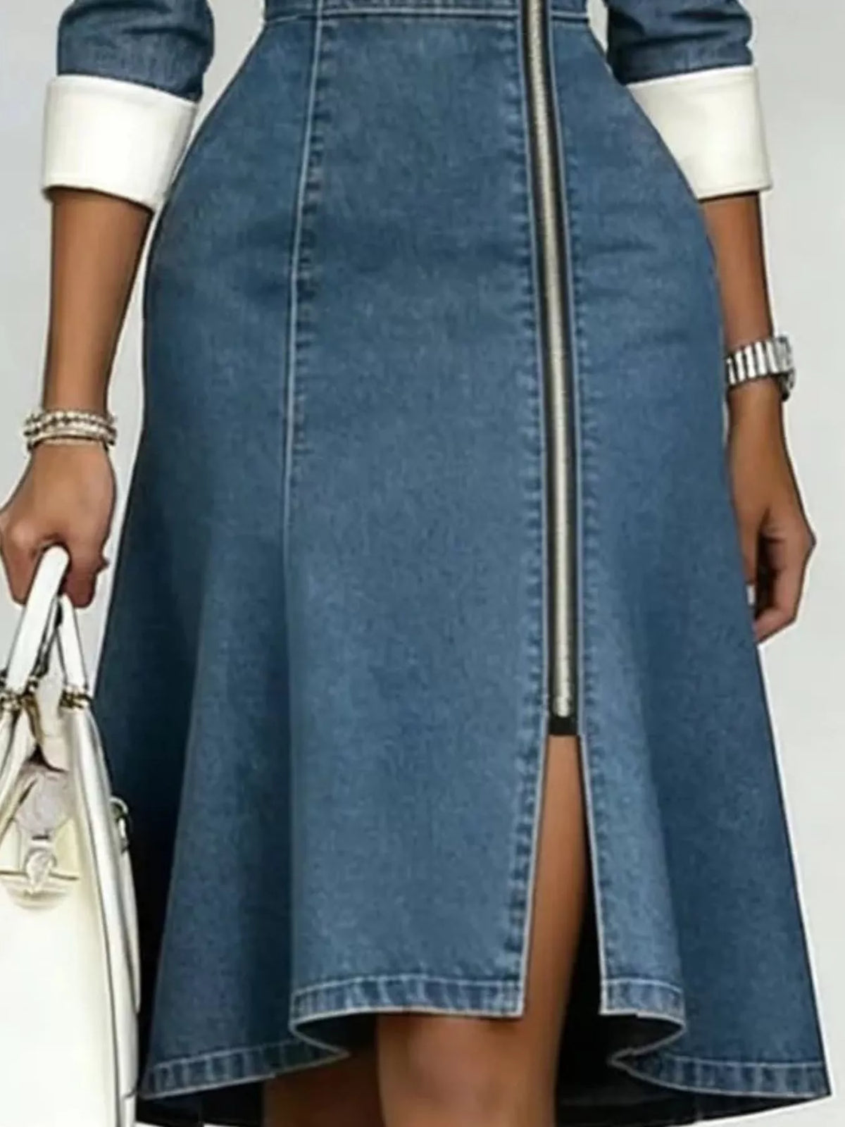 Full Size Contrast Lapel Zip-Front Denim Dress Plus Size