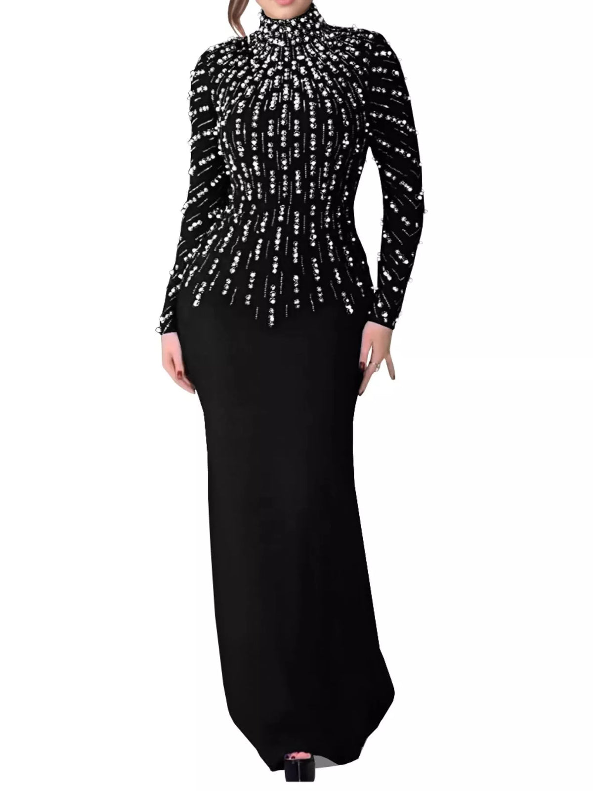 Embellished Mock Neck Maxi Dress - Lilixa.store