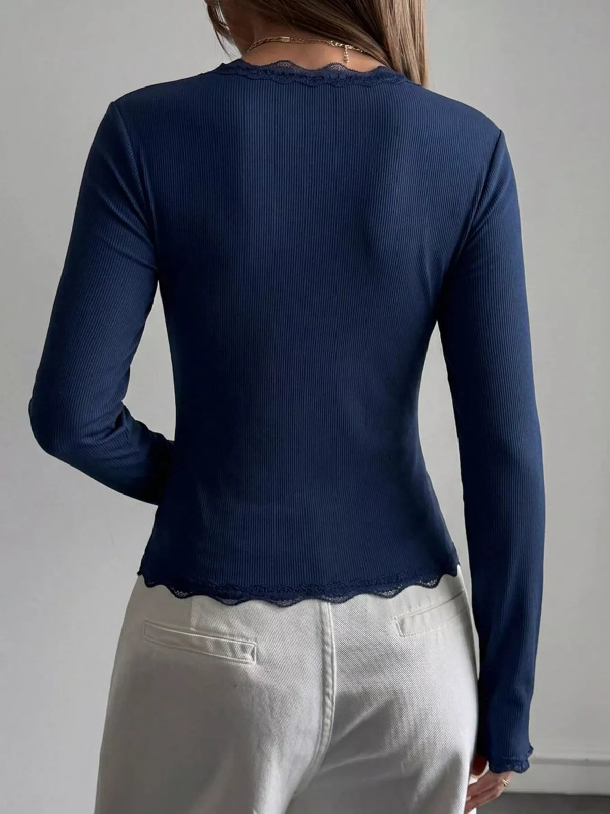 Lace Trim V-Neck Ribbed Long Sleeve Blouse, view 9