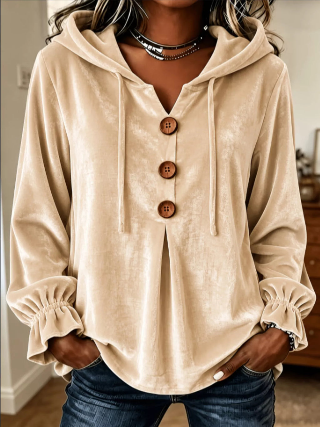 Full Size Decorative Buttons Velvet Hoodie Plus Size - Lilixa.store