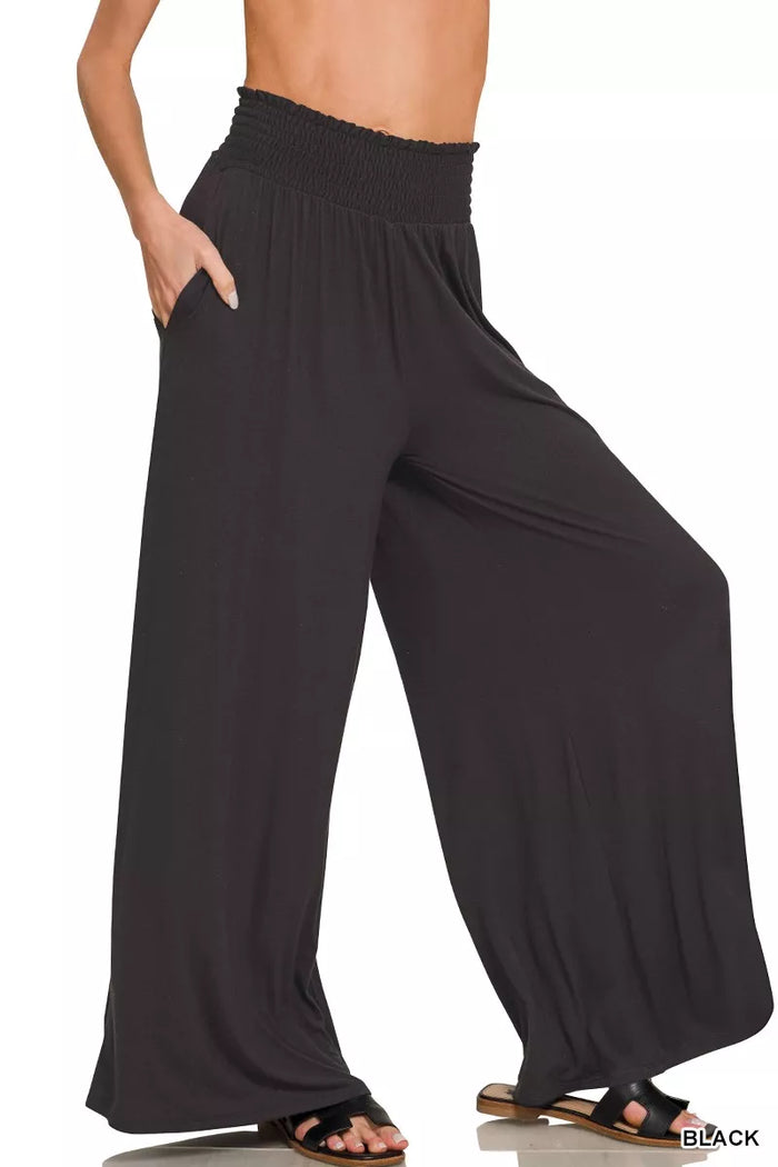 Zenana Smocked Waist Wide Leg Palazzo Pants in Black