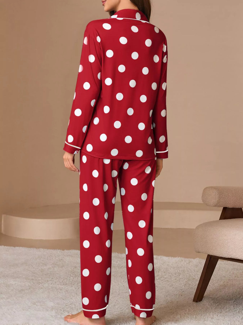 Polka Dot Button-Down Top and Pants Lounge Set - Lilixa.store