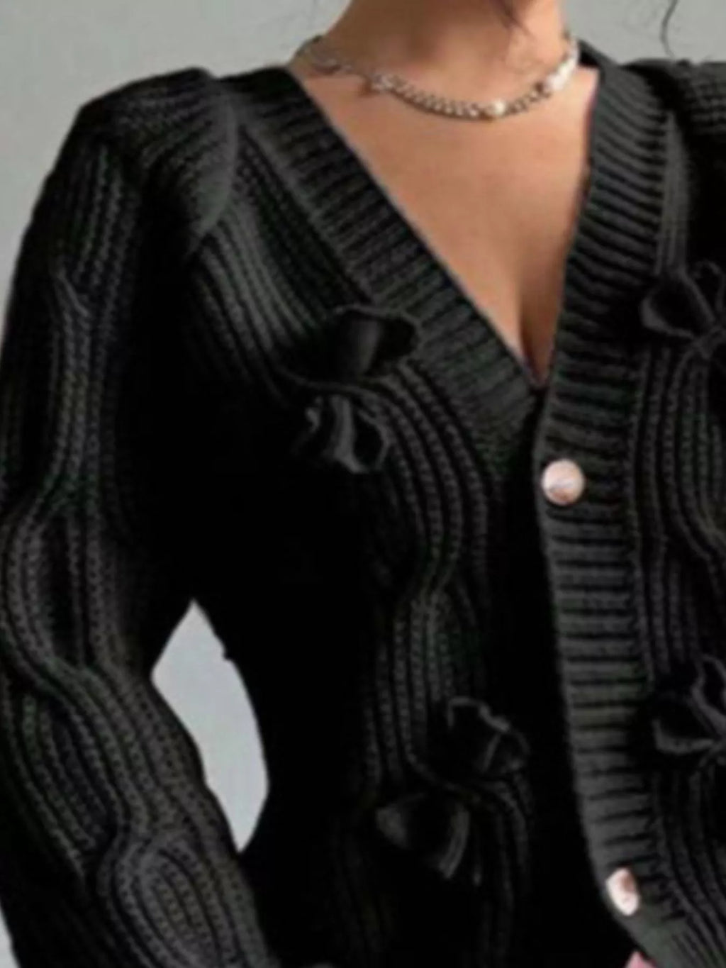Bow Cable Knit V-Neck Cardigan - Lilixa.store
