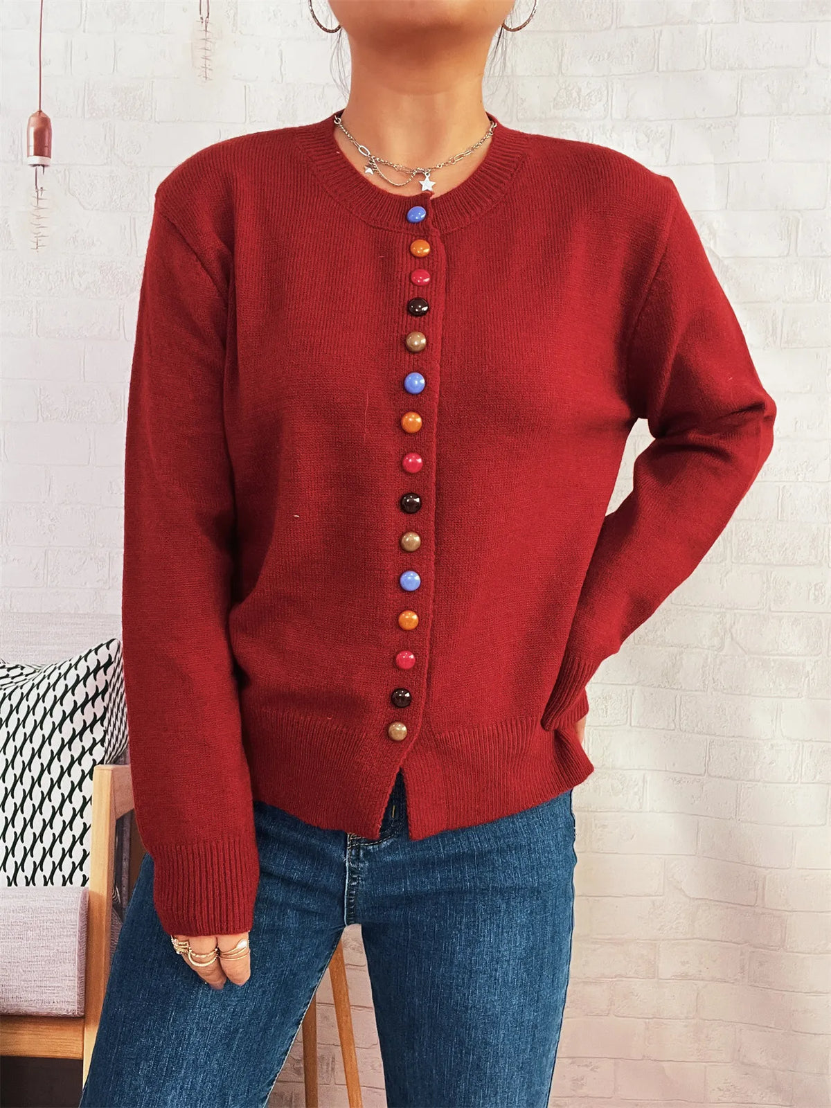 Button-Front Cardigan with Colorful Detail Buttons - Lilixa.store