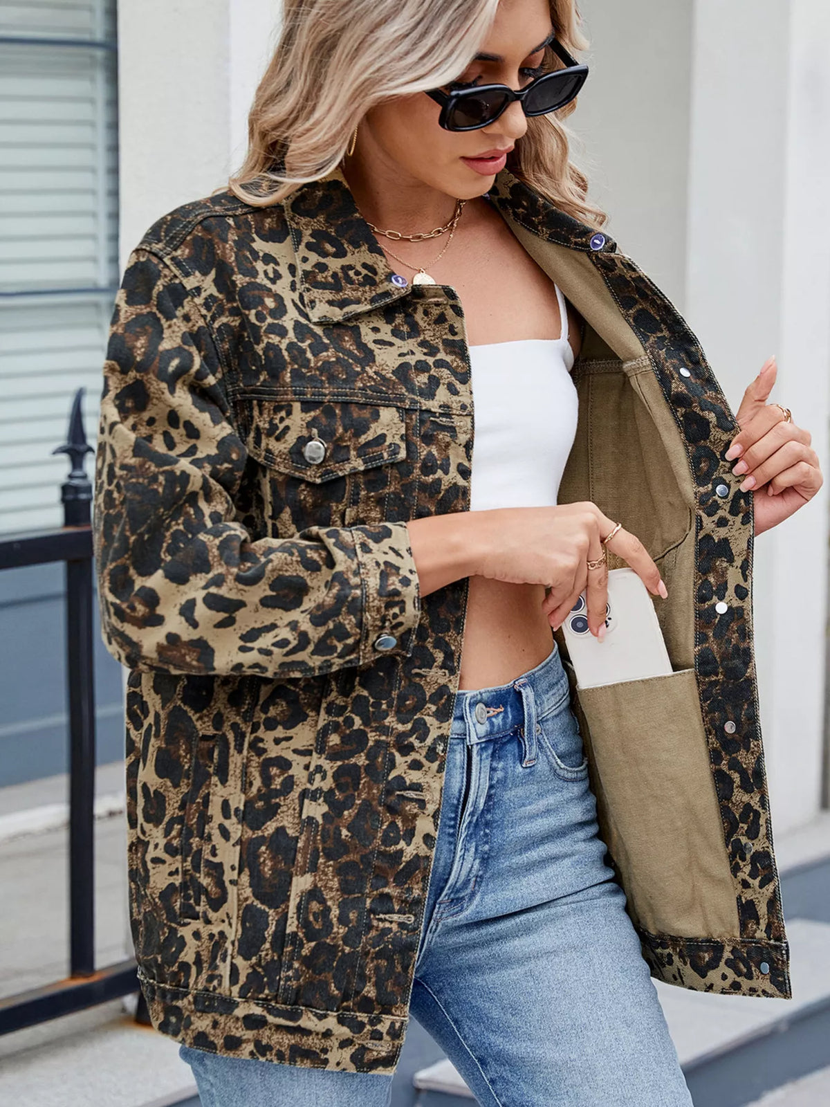 Button Up Long Sleeve Denim Jacket in Leopard