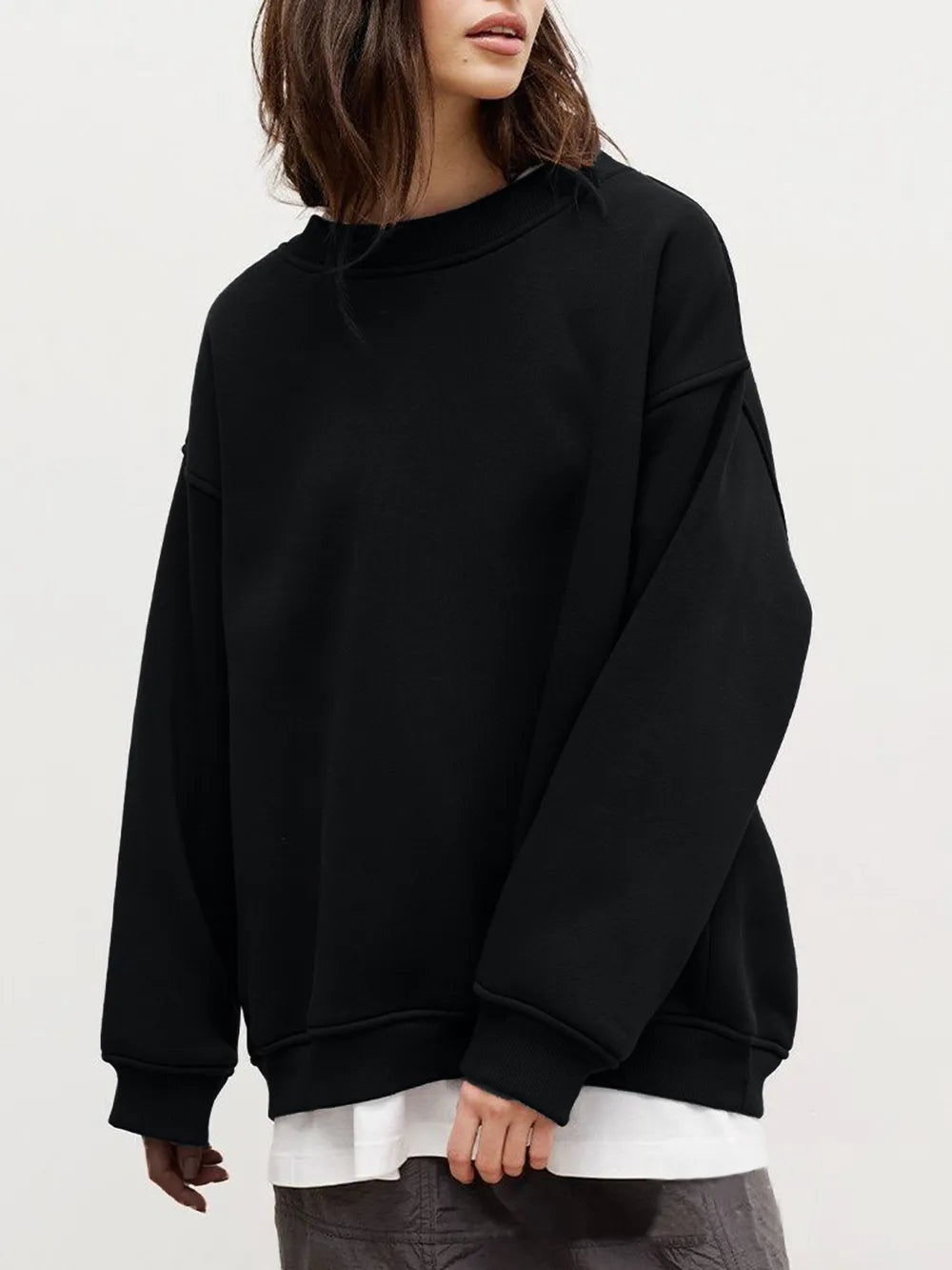 Round Neck Dropped Shoulder Long Sleeve Sweatshirt - Lilixa.store