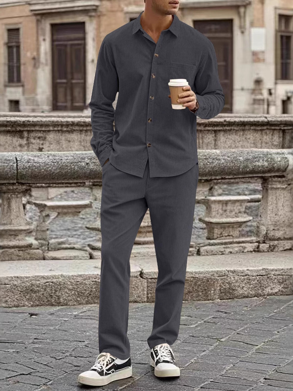 Men's Full Size Button Up Long Sleeve Shirt and Pants Set Plus Size - Lilixa.store