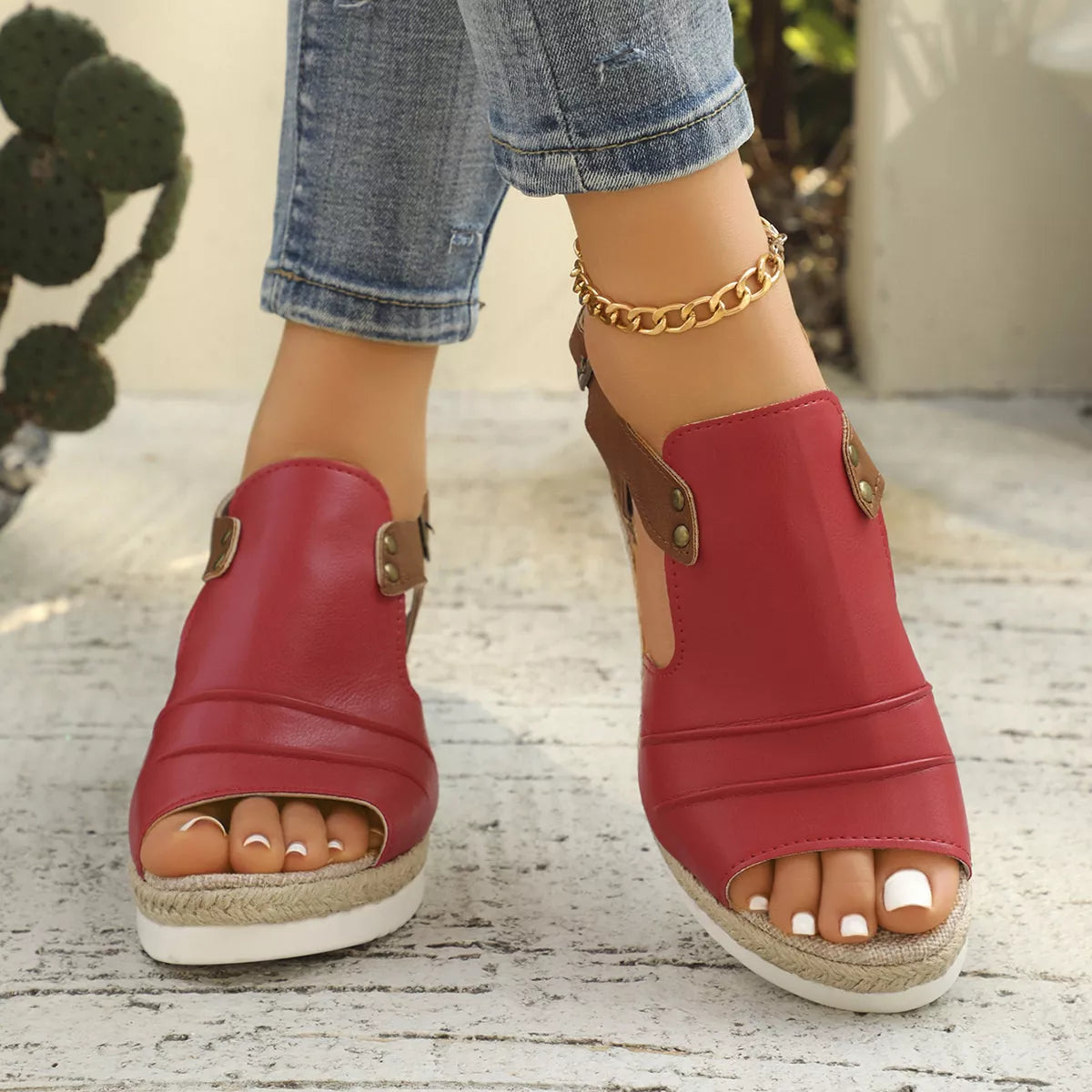 Peep Toe Wedge Sandals in Red