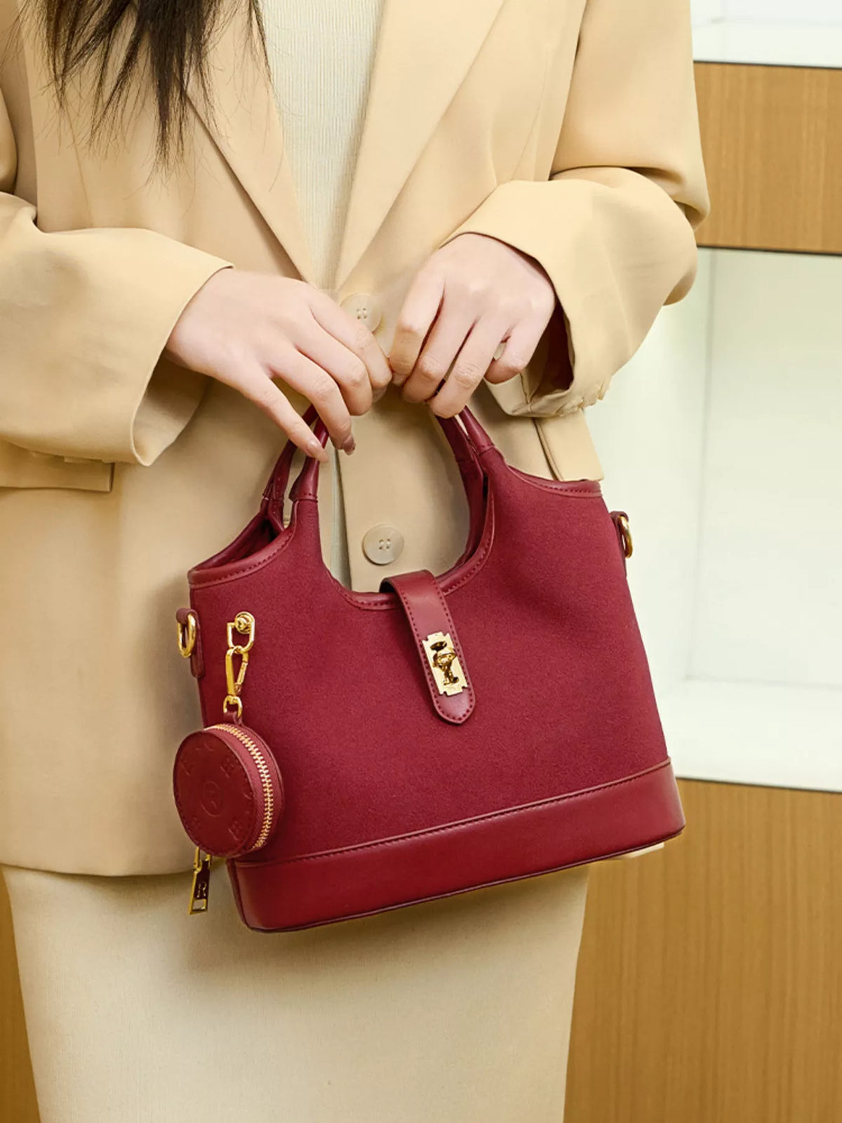 Suede Crossbody Bag with Detachable Coin Pouch in Wine Red, view 3