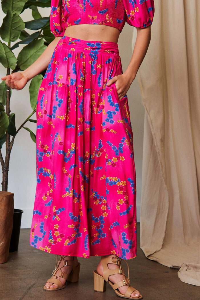 Davi & Dani Printed Smocking Waistband Ruffled Maxi Skirt - Lilixa.store