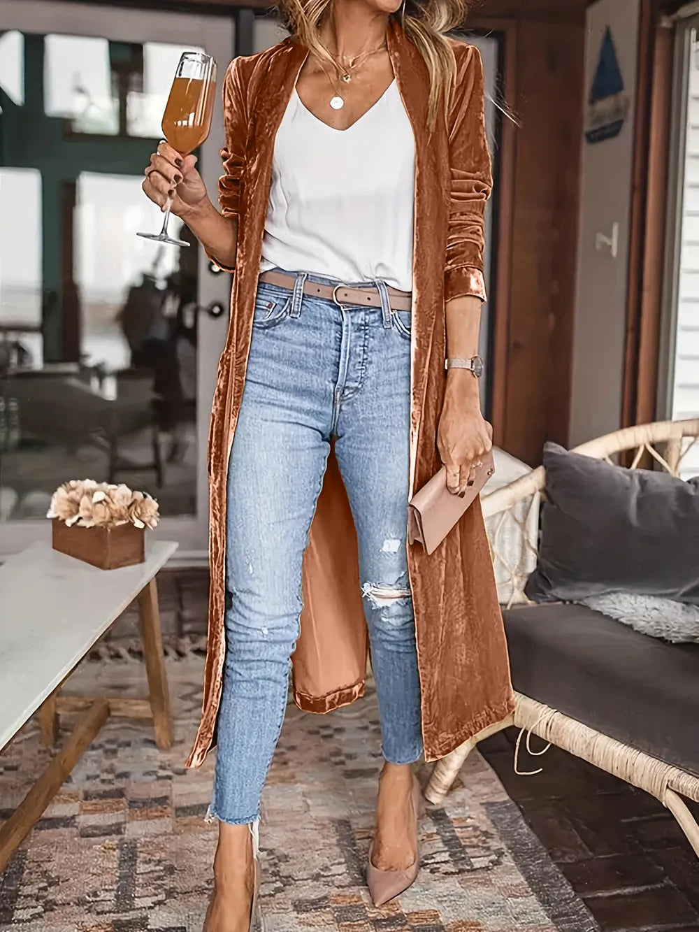 Open Front Long Sleeve Coat in Brown