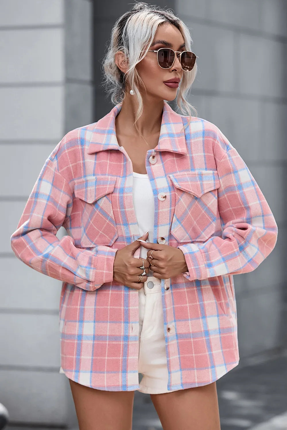 Plaid Pocketed Collared Neck Button Up Jacket in Blush Pink, view 6