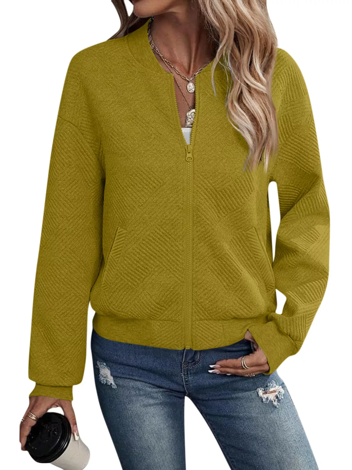 Textured Knit Zip-Up Jacket - Lilixa.store