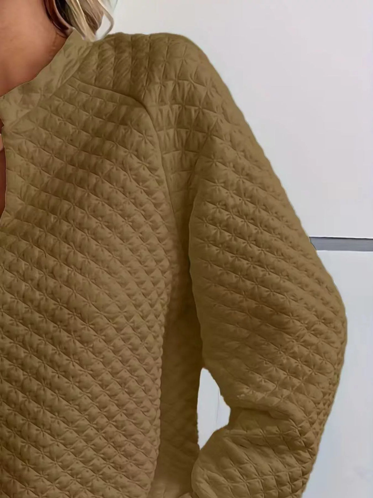 Quilted Texture Long Sleeve Sweatshirt with Notched Neck - Lilixa.store
