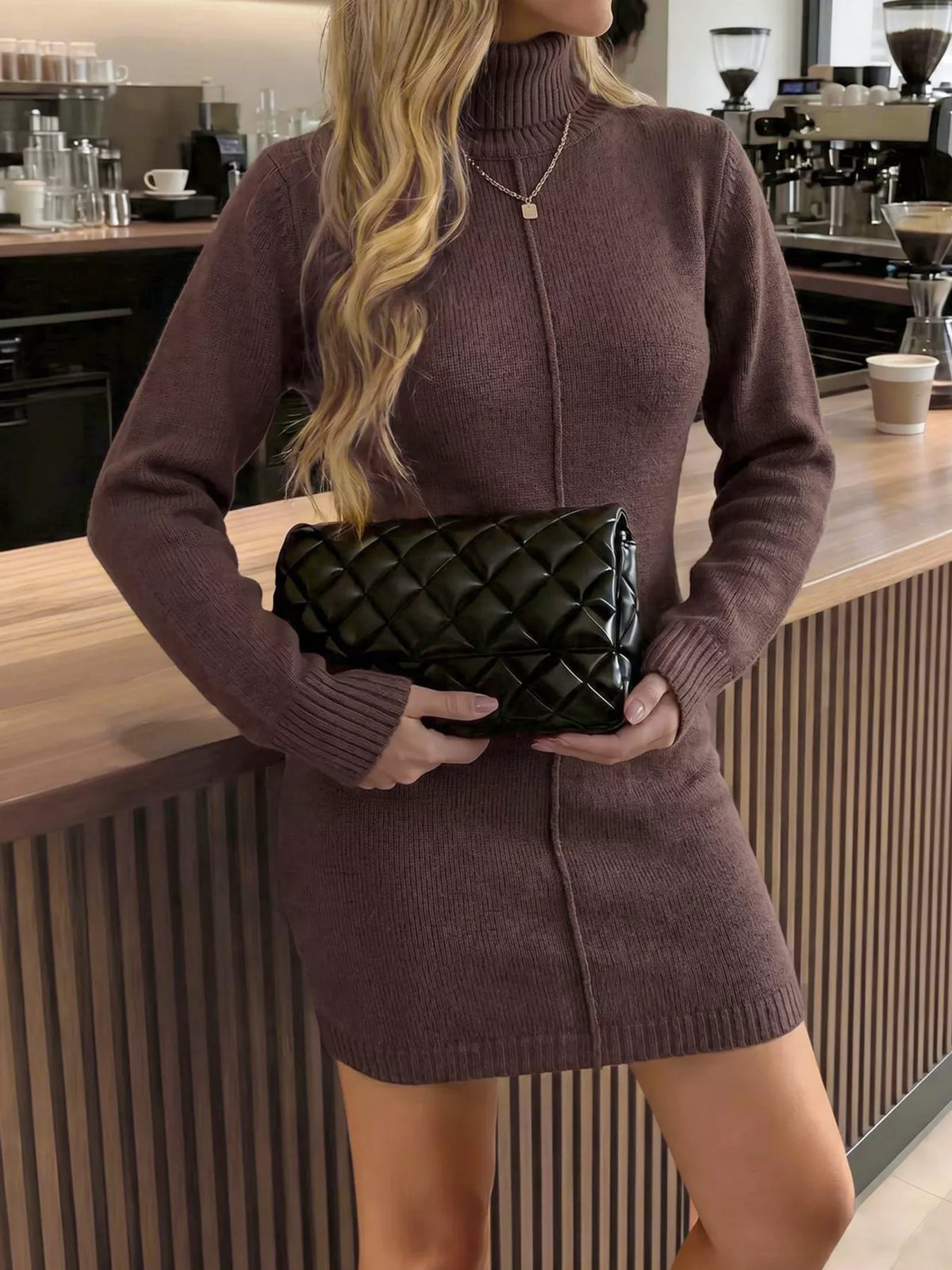Turtleneck Ribbed Knit Sweater Dress in Brown, view 4