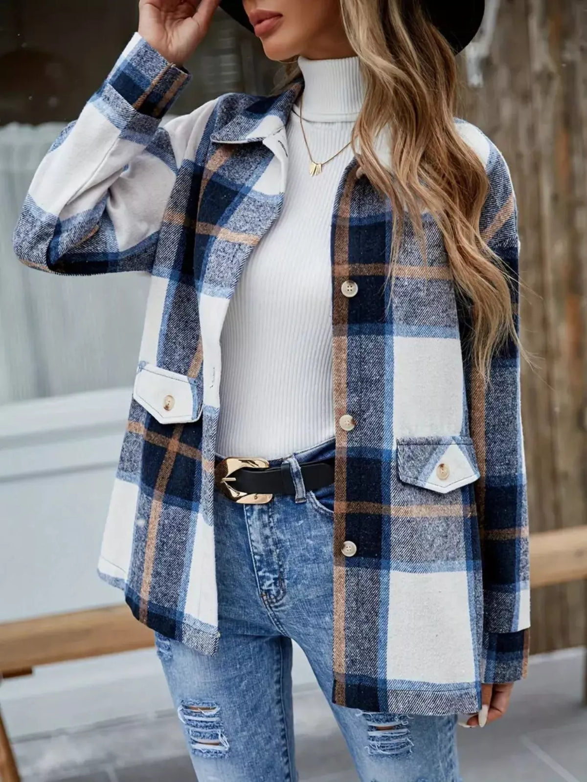 Plaid Button-Up Long Sleeve Shacket in Dark Blue