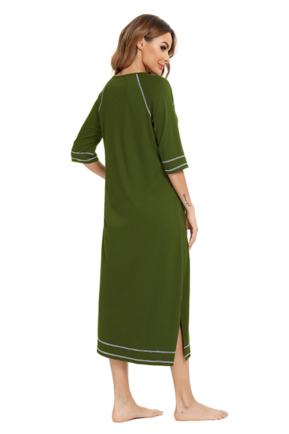 Zip Up Slit Round Neck Night Dress with Pockets - Lilixa.store