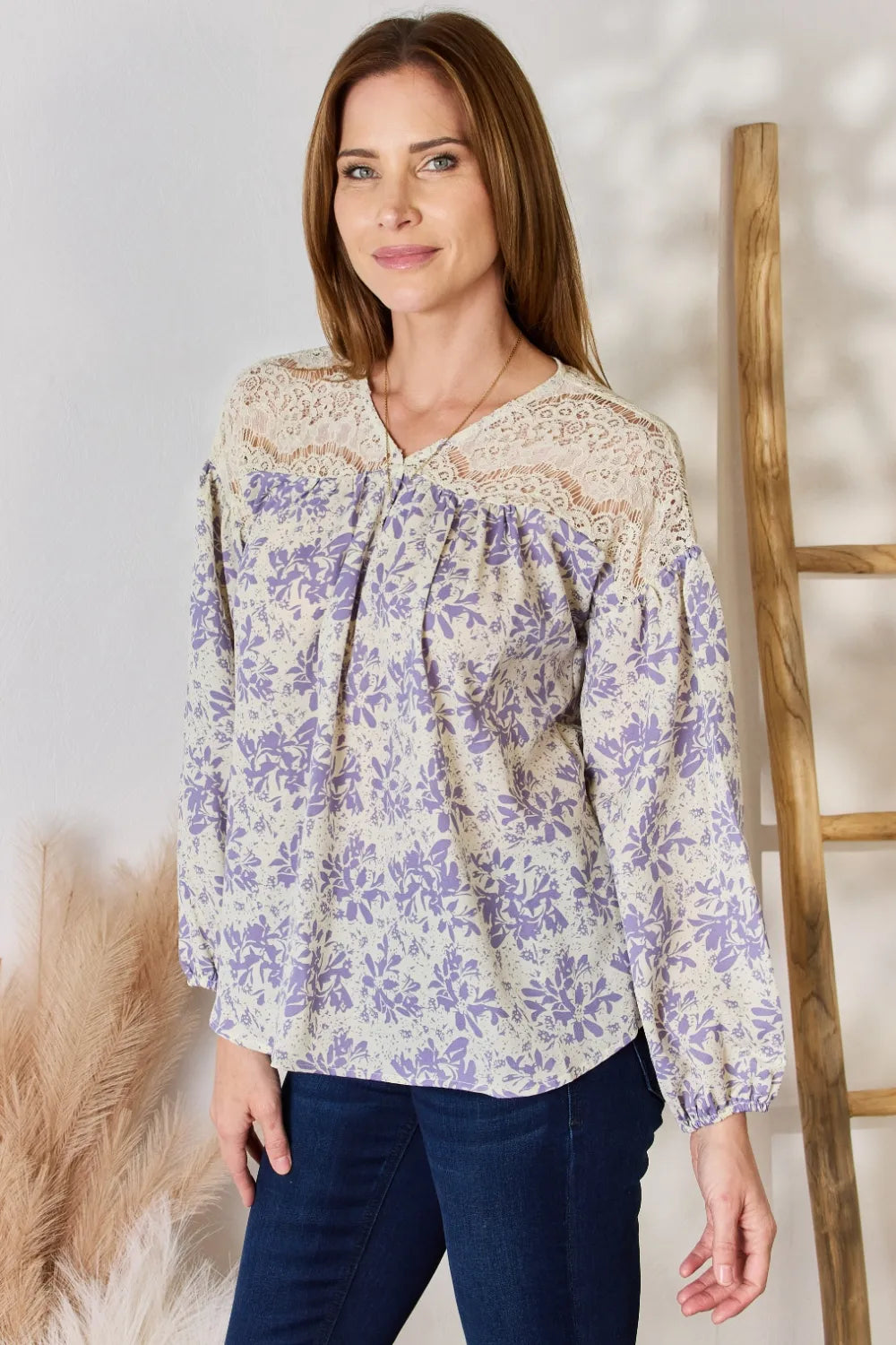 Hailey & Co Full Size Lace Detail Printed Blouse - Lilixa.store
