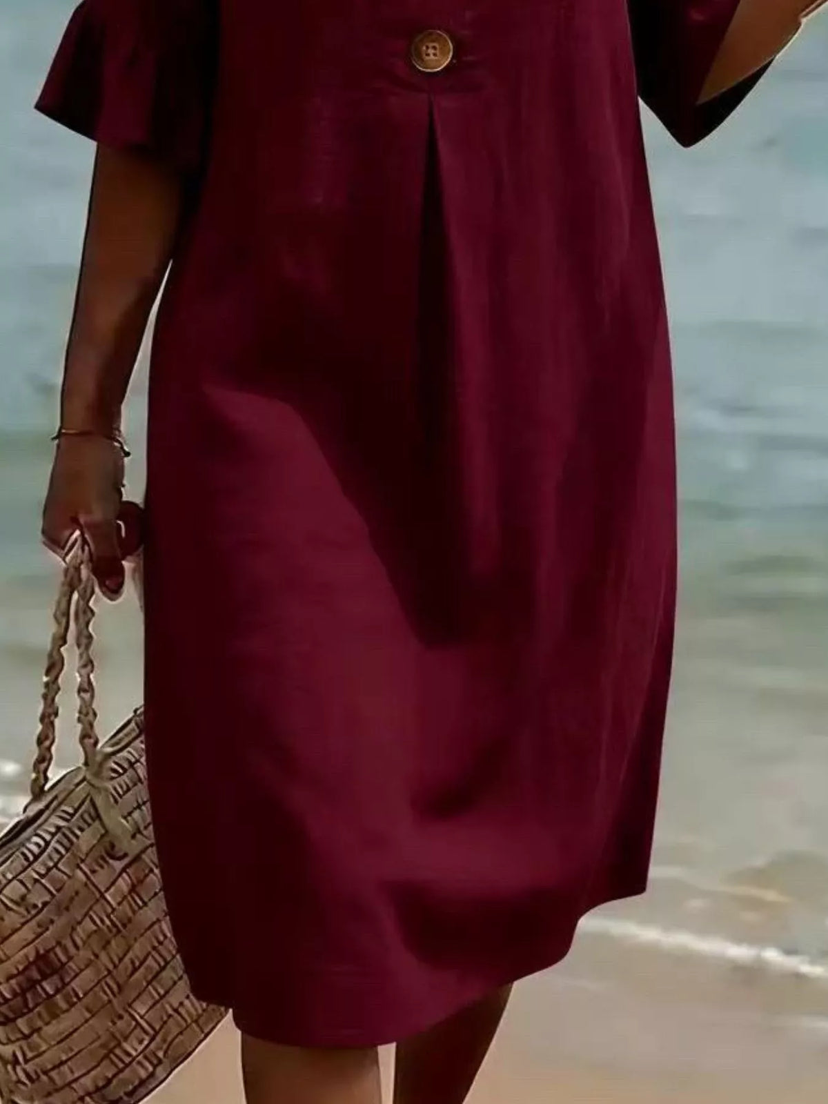 Full Size Decorative Button Ruffle Half Sleeve Dress Plus Size - Lilixa.store