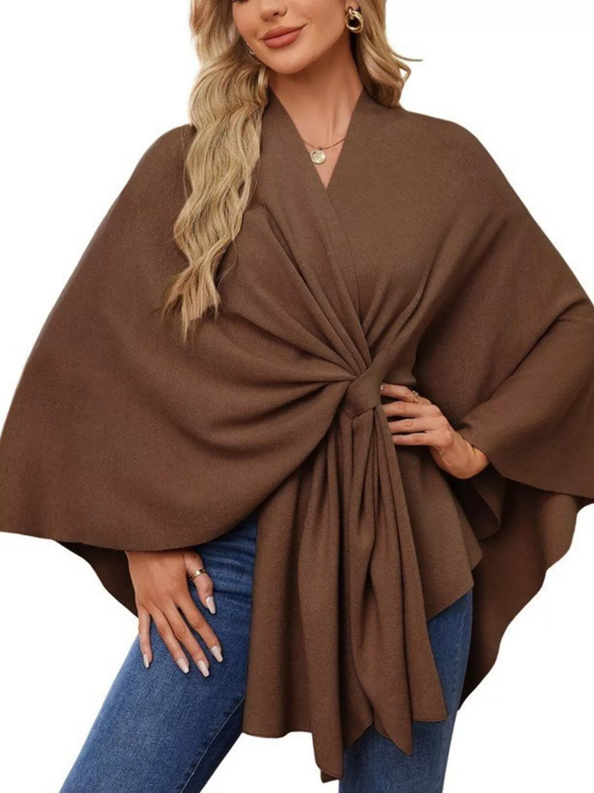 Solid Color Tie-Front Knit Cape Top in Caramel